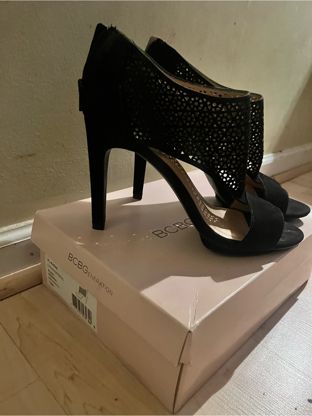 BCBGeneration Black Laser-Cut Stiletto Sandals
